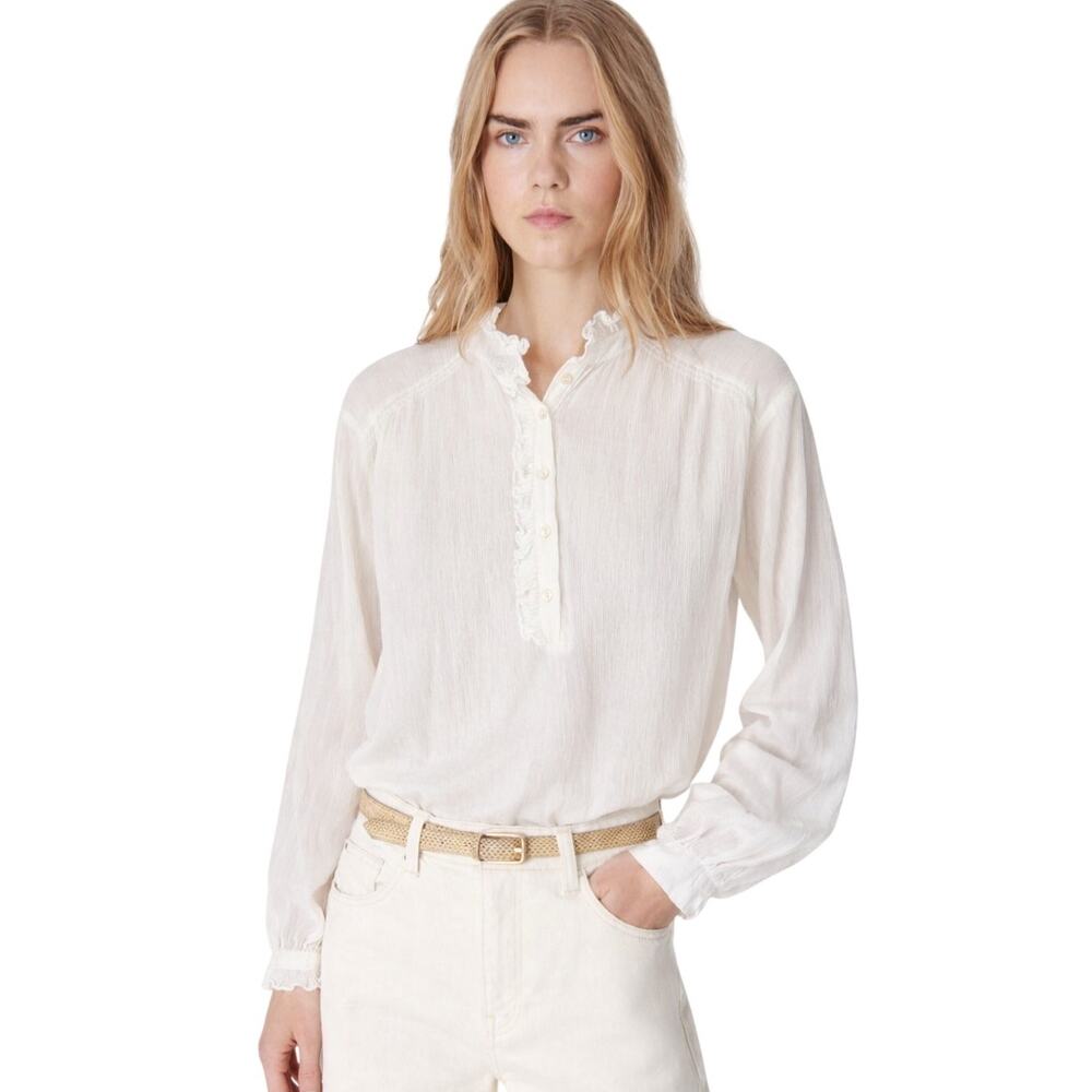 Vanessa Bruno Cotton Silk White Ruffle Trim Button Front Long Sleeve Blouse L